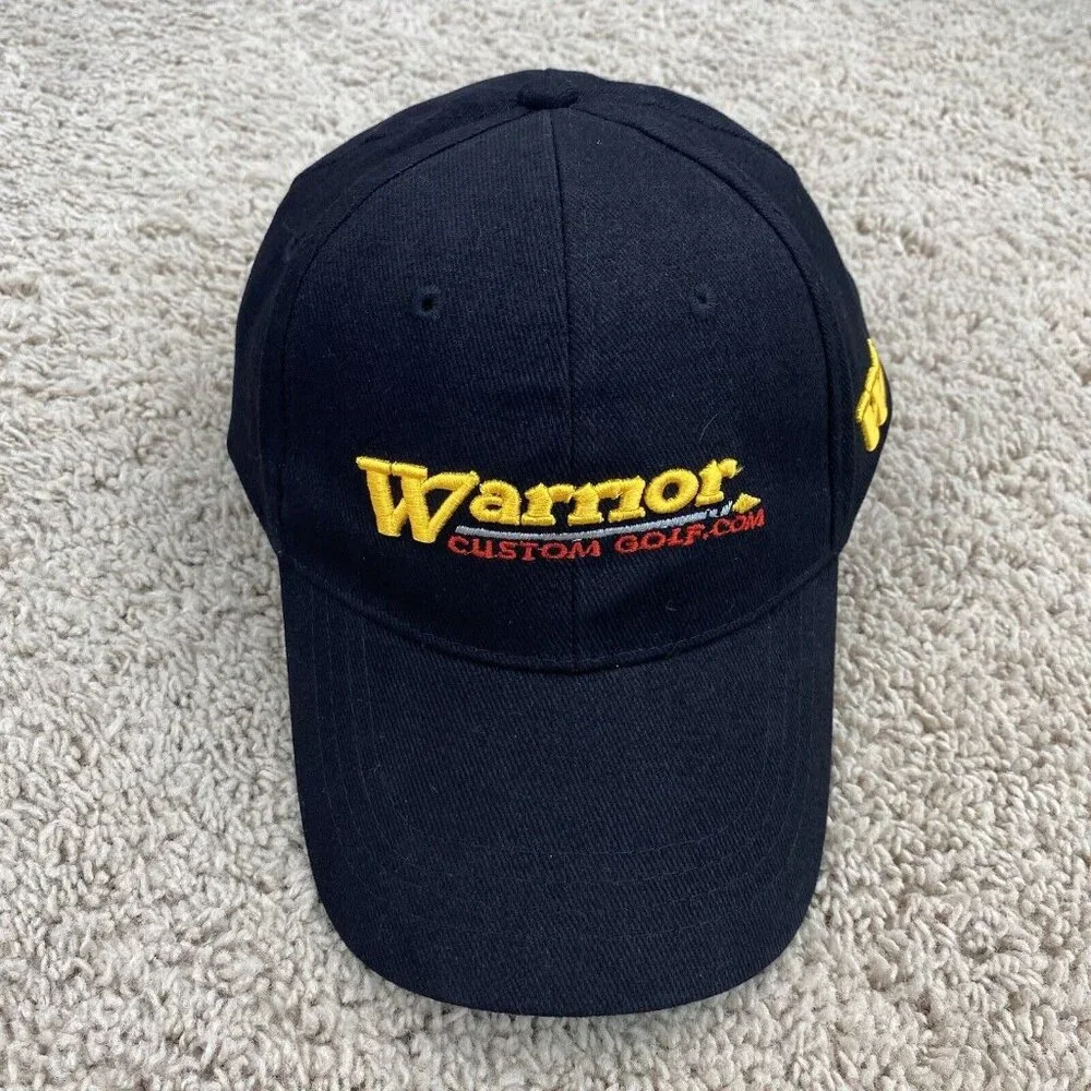 Warrior Custom Golf Hat Black / Gold Script Adjustable Strap Side “W” Cotton Cap